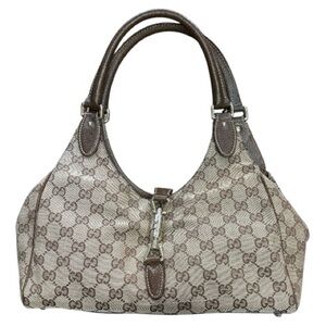GUCCI Vintage Jackie Canvas Monogram Calfskin Bardot Tote in Brown Tan